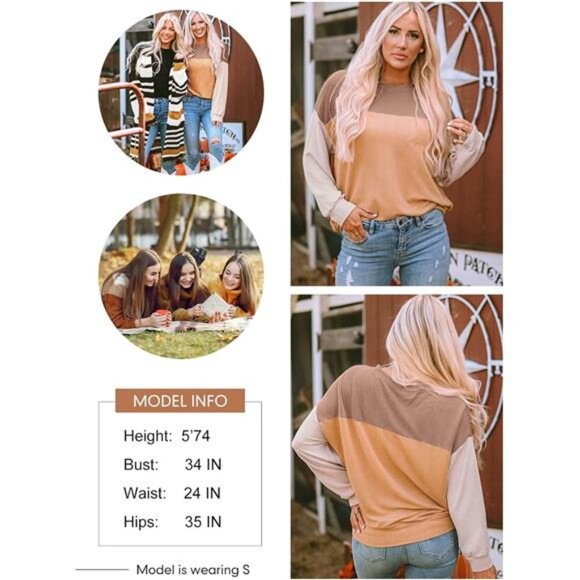 Women Color Block Long Sleeve Top Crewneck Knit Casual Loose Pullover Blouse - Picture 5 of 7